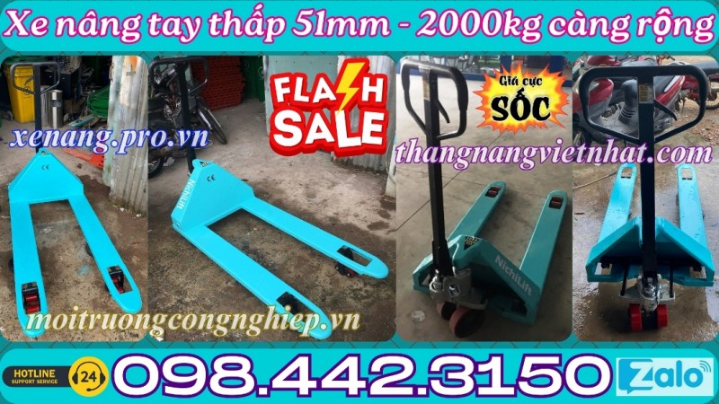 Xe nâng tay siêu thấp 51mm tải 2 tấn càng rộng 685x1220mm