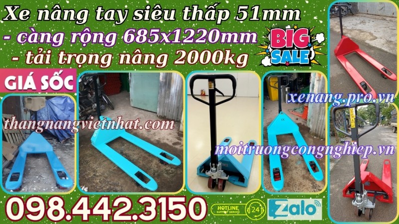 Xe nâng tay siêu thấp 51mm tải 2 tấn càng rộng 685x1220mm
