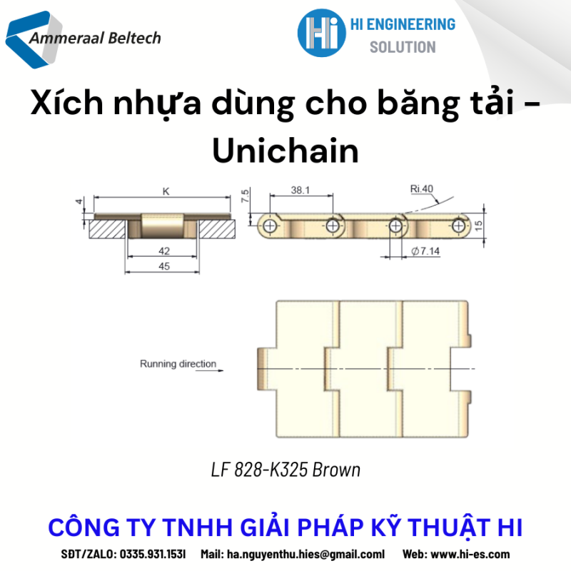 Xích nhựa dùng cho băng tải. Hãng Unichain. Loại uni828 K325