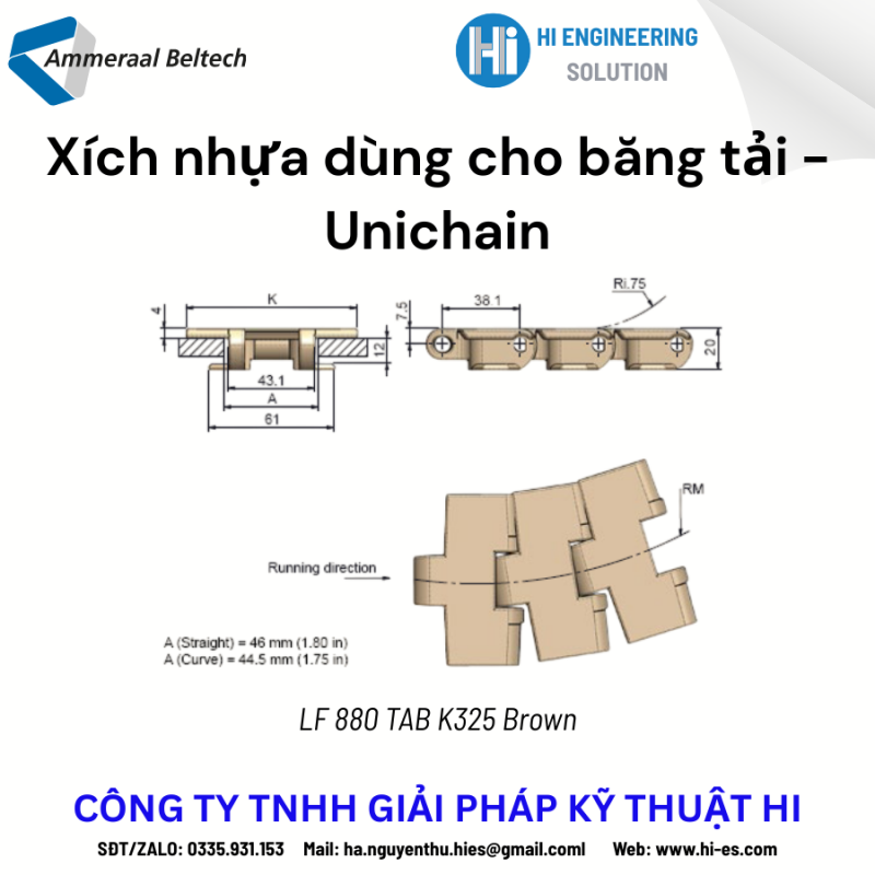Xích nhựa Unichain 880 TAB K325 – Phù hợp cho dây chuyền thực phẩm và đồ uống (Hàng có sẵn)