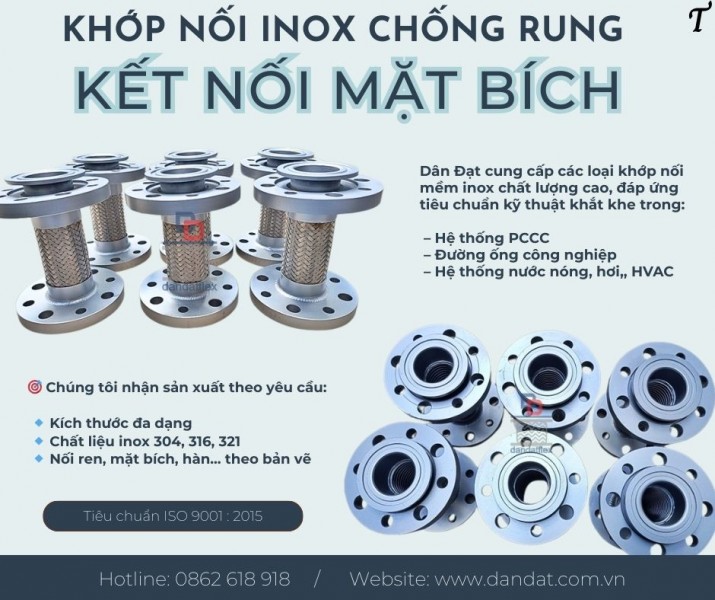 Khớp nối mềm nối bích, khớp nối mềm inox chịu nhiệt, khớp nối mềm kim loại nối bích