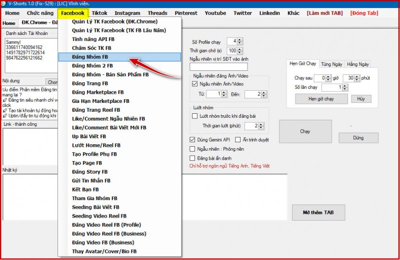 Phần mềm Đăng Marketplace Vshorts Tự động mọi tính năng trên Facebook