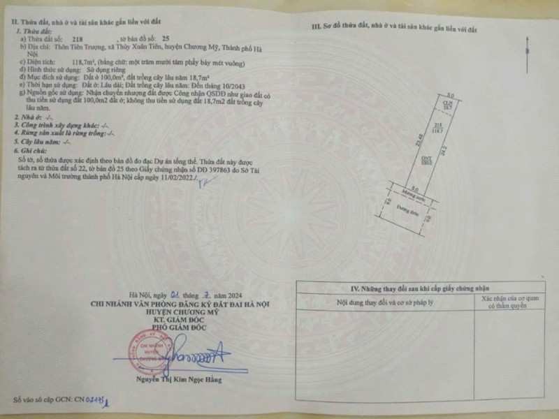 Siêu Phẩm  DT 118,7m. Mặt tiền= hậu 5m
- Vị trí: Tiên Trượng - Xã Thuỷ Xuân Tiên - Chương Mỹ - HN
