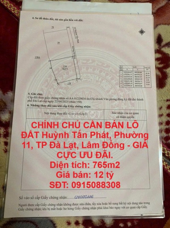 CHÍNH CHỦ CẦN BÁN LÔ ĐẤT Huỳnh Tấn Phát, Phường 11, TP Đà Lạt, Lâm Đồng - GIÁ CỰC ƯU ĐÃI.