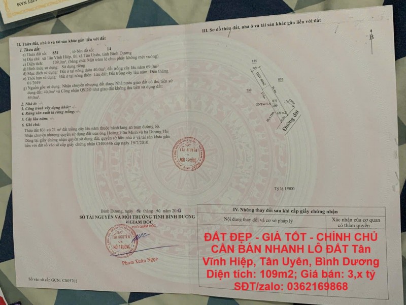 ĐẤT ĐẸP - GIÁ TỐT - CHÍNH CHỦ CẦN BÁN NHANH LÔ ĐẤT Tân Vĩnh Hiệp, Tân Uyên, Bình Dương