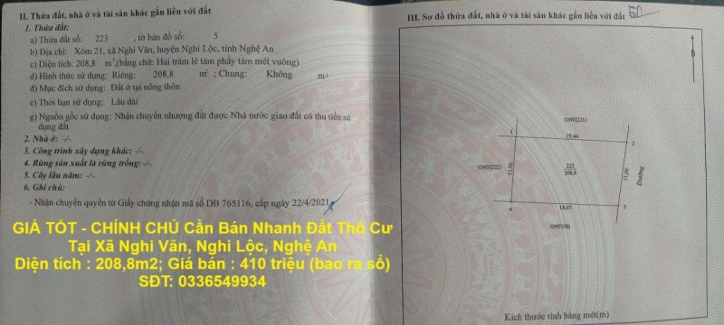 GIÁ TỐT - CHÍNH CHỦ Cần Bán Nhanh Đất Thổ Cư Tại Xã Nghi Văn, Nghi Lộc, Nghệ An