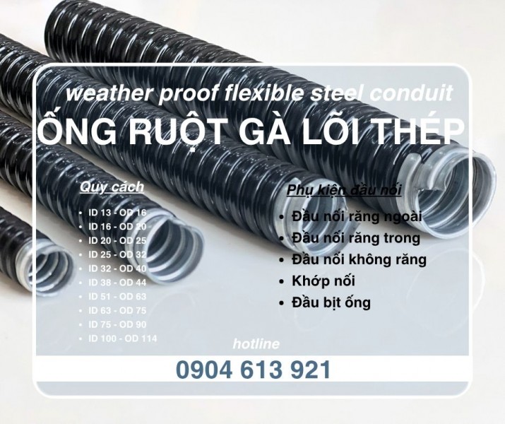 Ống ruột gà lõi thép bọc nhựa PVC phi 1/2