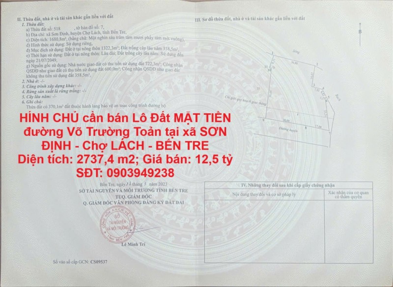 CHÍNH CHỦ cần bán Lô Đất MẶT TIỀN đường Võ Trường Toản tại xã SƠN ĐỊNH - Chợ LÁCH - BẾN TRE
