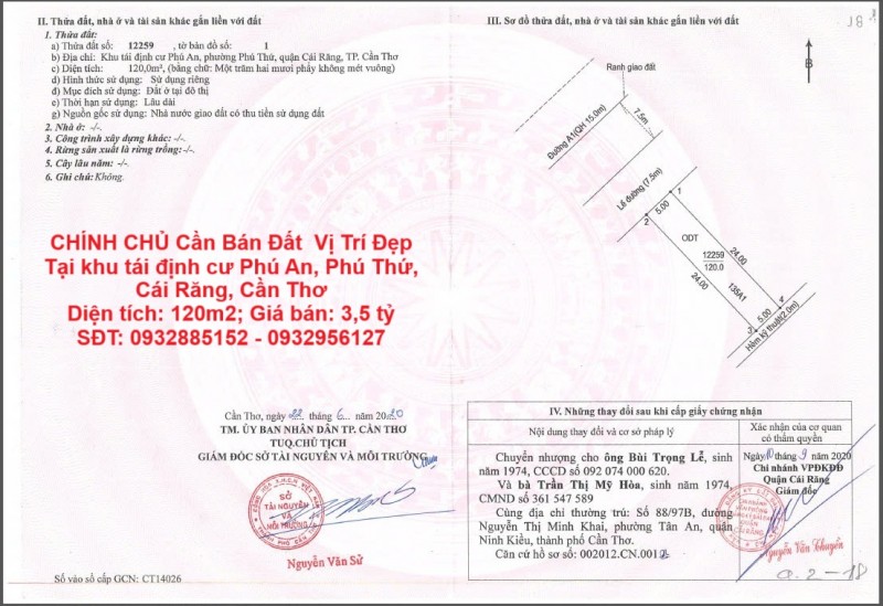 CHÍNH CHỦ Cần Bán Đất  Vị Trí Đẹp Tại khu tái định cư Phú An, Phú Thứ, Cái Răng, Cần Thơ