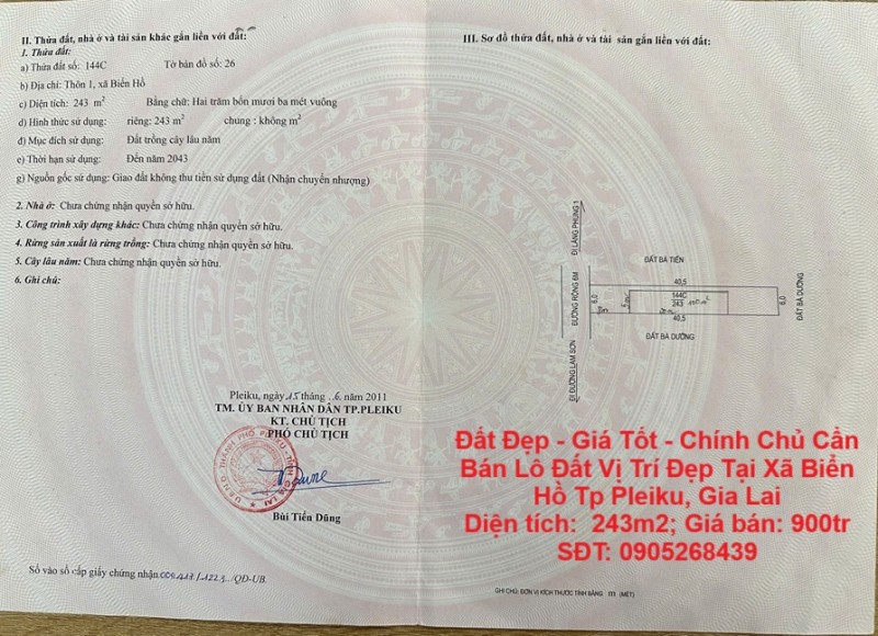 Đất Đẹp - Giá Tốt - Chính Chủ Cần Bán Lô Đất Vị Trí Đẹp Tại Xã Biển Hồ Tp Pleiku, Gia Lai