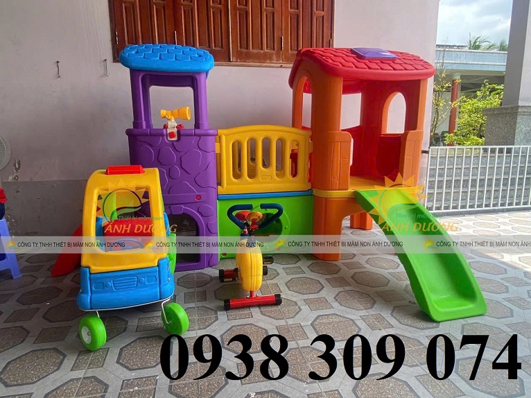Bộ cầu trượt 2 mái nhà ,Bộ nhà leo cầu trượt 2 khối BCT