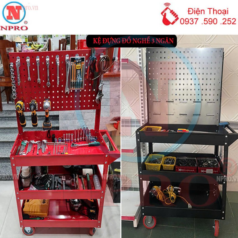Xe đẩy 3 ngăn để đồ nghề, màu đen / đỏ