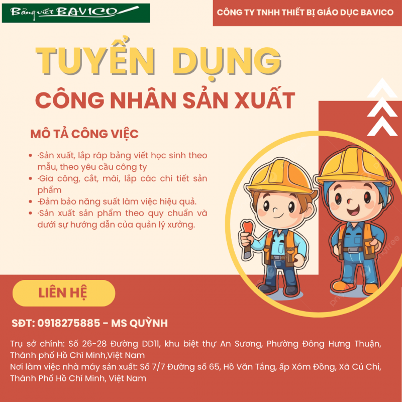 TUYỂN 10 CÔNG NHÂN SẢN XUẤT, LẮP RÁP BẢNG VIẾT TẠI CỦ CHI