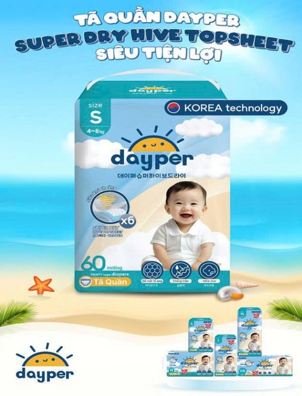 THÔNG TIN SẢN PHẨM TÃ DAYPER -  Tã/bỉm quần Dayper đủ size - Super Hive Dry mới, thấm hút gấp 6 lần