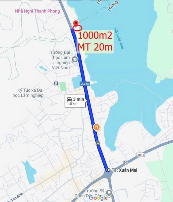 [Chính chủ] Bán lô đất 1000m2 mặt tiền 20m bám đường QL21 đối diện ĐH Lâm Nghiệp, view Hồ Xuân Mai