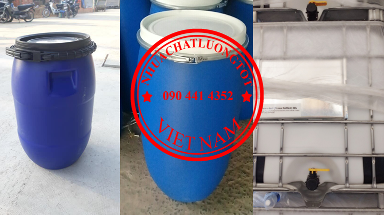 Thùng nhựa 30 lít đựng dầu, thùng phuy 50 lít đựng gạo, thùng đựng hóa chất 60 lít