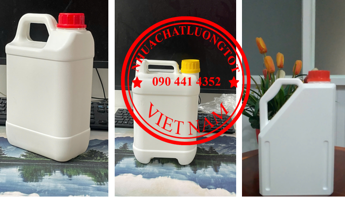 Bình nhựa 5 lít đựng thuốc nhuộm, can 2 lít đựng mực in, can 1 lít đựng dầu mỡ 