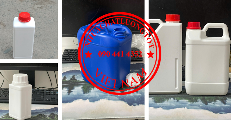 Bình nhựa 5 lít đựng thuốc nhuộm, can 2 lít đựng mực in, can 1 lít đựng dầu mỡ 