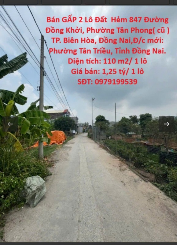 Chính Chủ Cần Bán GẤP 2 Lô Đất  Hẻm 847 Đường Đồng Khởi, Phường Tân Phong( cũ ) TP. Biên Hòa, Đồng