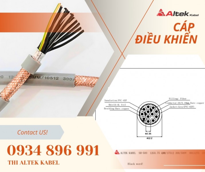 Cáp điều khiển, cáp tín hiệu 12×0.75mm2 có lưới chống nhiễu Altek Kabel