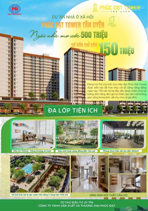 Căn hộ chung cư nhà ở xã hội Phúc Đạt Tân Uyên giá 500-600 triệu, sở hữu với 150 triệu