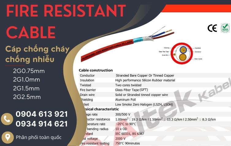 Cáp chống cháy chống nhiễu 2x1.5 Altek Kabel đạt tiêu chuẩn IEC60331, BS6387