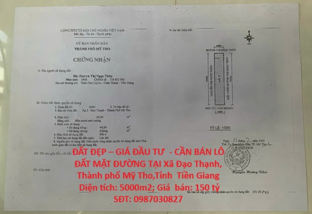 ĐẤT ĐẸP – GIÁ ĐẦU TƯ  - CẦN BÁN LÔ ĐẤT MẶT ĐƯỜNG TẠI Xã Đạo Thạnh, Thành phố Mỹ Tho,Tỉnh  Tiền Giang
