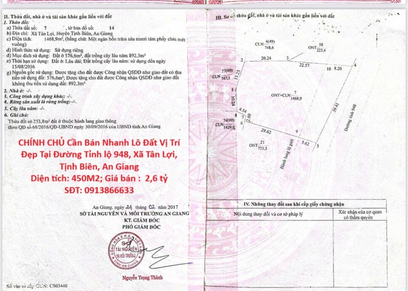 CHÍNH CHỦ Cần Bán Nhanh Lô Đất Vị Trí Đẹp Tại Đường Tỉnh lộ 948, Xã Tân Lợi, Tịnh Biên, An Giang