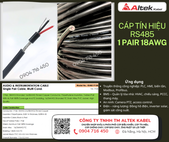 Cáp Tín Hiệu Altek Kabel RS485 18AWG 1 Pair