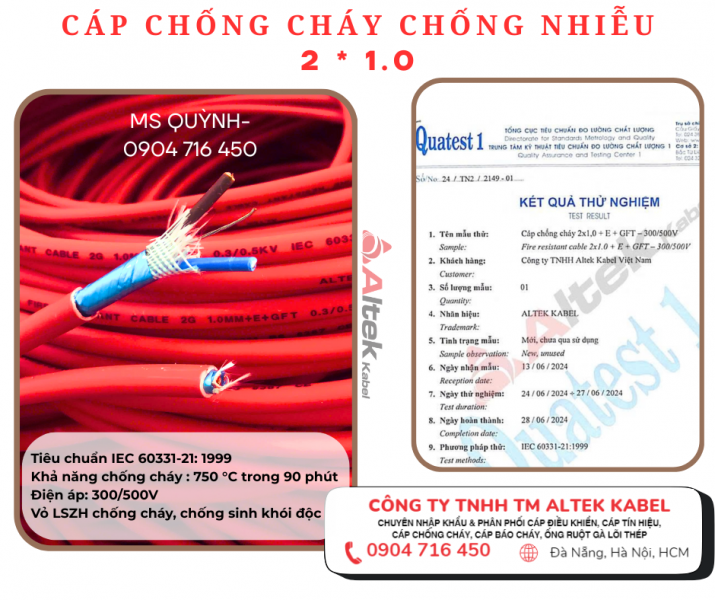 Cáp chống cháy chống nhiễu 2x1.0 Altek Kabel IEC 60331-21: 1999 
