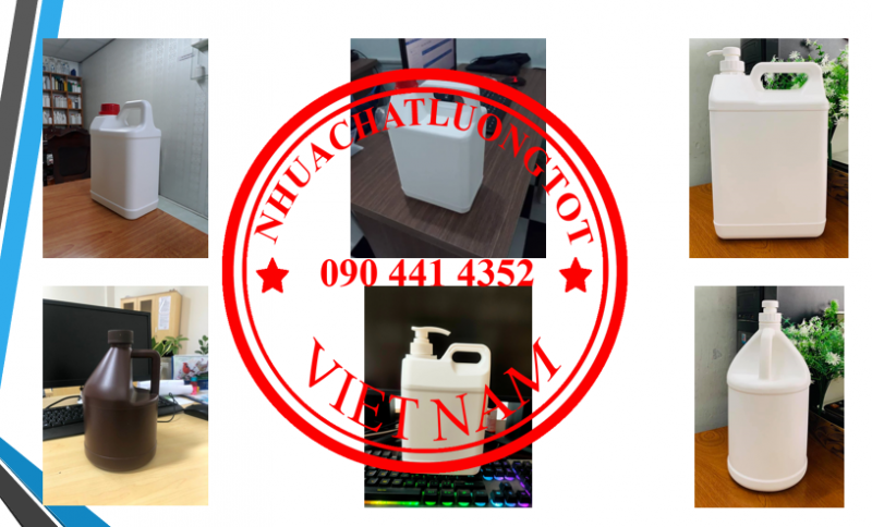 Can nhựa 5 lít đựng nước rửa tay, can nhựa 2 lít đựng thuốc diệt cỏ, can 1 lít đựng chất hóa học tạo