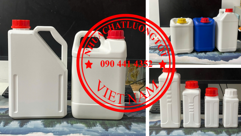 Can nhựa 5 lít đựng nước rửa tay, can nhựa 2 lít đựng thuốc diệt cỏ, can 1 lít đựng chất hóa học tạo