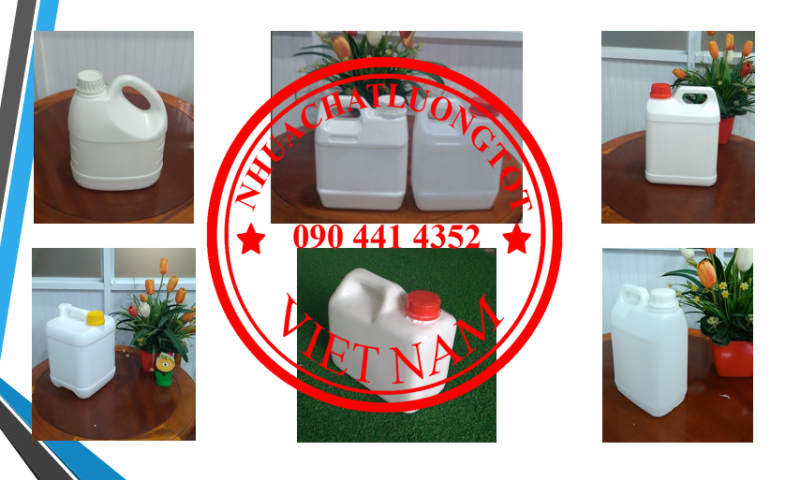 Can 0.5 lít đựng mẫu, can 1 lít đựng thuốc nhuộm, bình nhựa 2 lít đựng hóa chất, can 5 lít đựng axit
