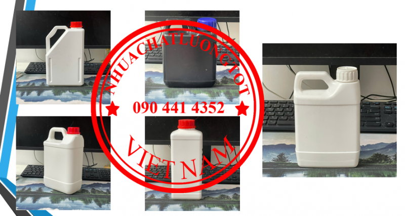 Can 0.5 lít đựng mẫu, can 1 lít đựng thuốc nhuộm, bình nhựa 2 lít đựng hóa chất, can 5 lít đựng axit