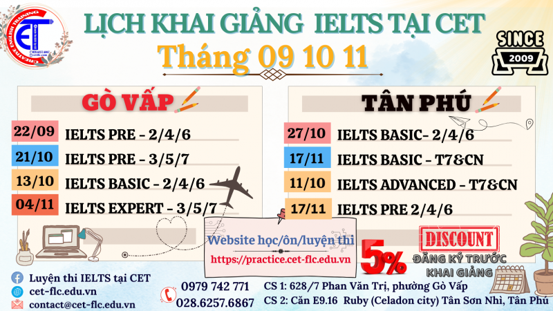 LỊCH HỌC IELTS TẠI CET NĂM 2025 tại TÂN PHÚ    HỌC PHÍ SHOCK NHẤT TẠI QUẬN TÂN PHÚ  THÁNG 09 - Gò Vấ