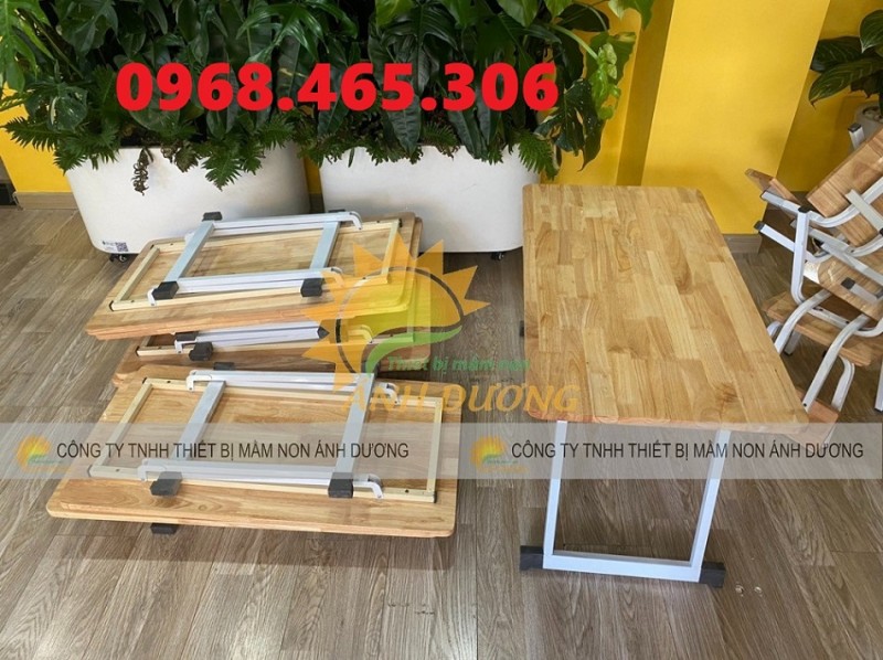 Bàn gỗ gập chân mầm non, bàn gỗ ghế gỗ mầm non