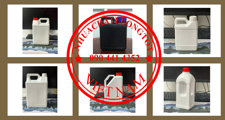 Can 5 lít đựng chất tẩy, can 2 lít đựng dung môi, can 1 lít đựng dầu máy, can 500ml đựng thuốc nhuộm