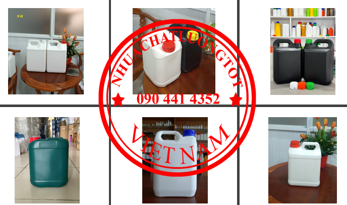 Can 5 lít đựng chất tẩy, can 2 lít đựng dung môi, can 1 lít đựng dầu máy, can 500ml đựng thuốc nhuộm