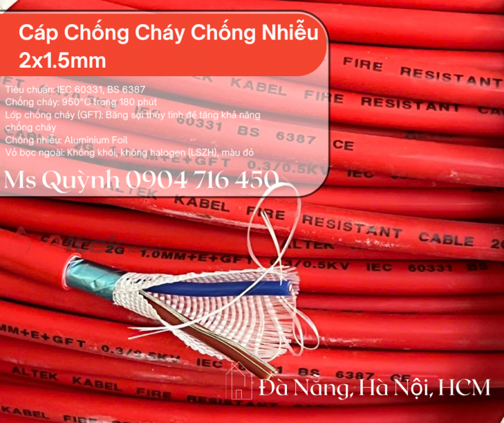 Cáp chống cháy chống nhiễu 2x1.5 Altek Kabel 750 độ Đà Nẵng, Hồ Chí Minh, Hà Nội