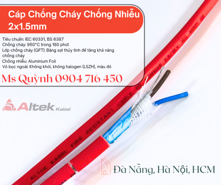 Cáp chống cháy chống nhiễu 2x1.5 Altek Kabel 750 độ Đà Nẵng, Hồ Chí Minh, Hà Nội
