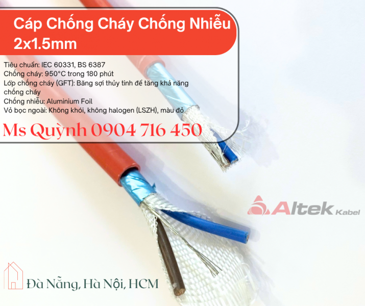 Cáp chống cháy chống nhiễu 2x1.5 Altek Kabel 750 độ Đà Nẵng, Hồ Chí Minh, Hà Nội