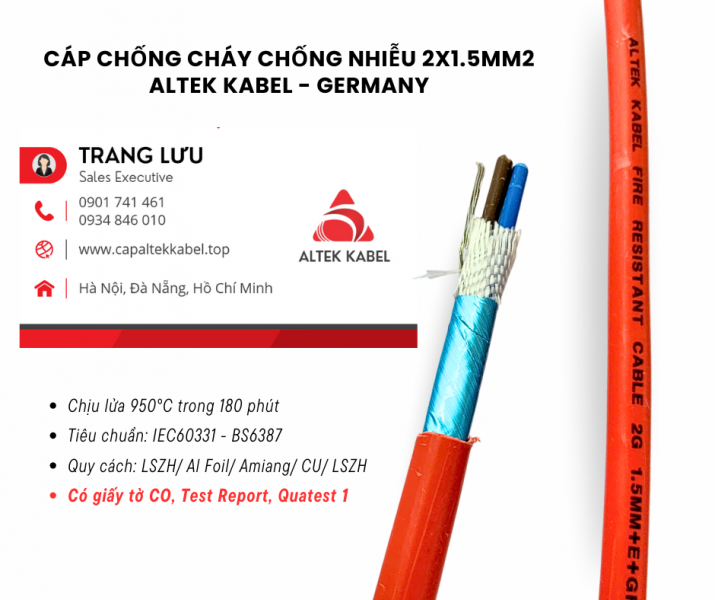 Cáp Chống Cháy Chống Nhiễu 2x1.5mm2 IEC 60331, BS6387