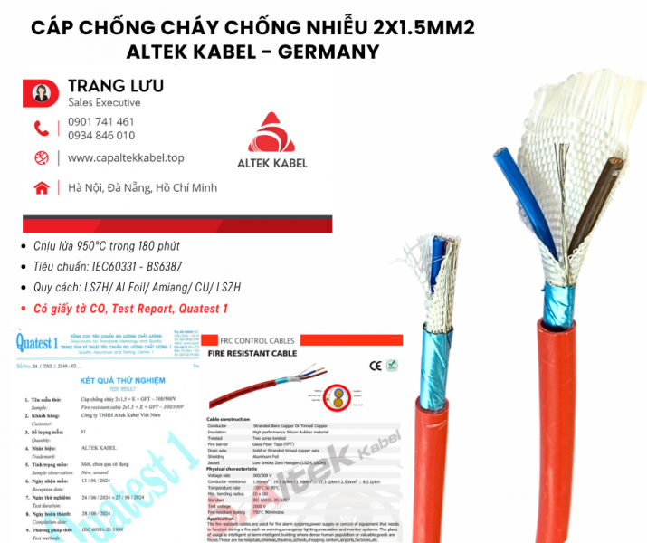Cáp Chống Cháy Chống Nhiễu 2x1.5mm2 IEC 60331, BS6387