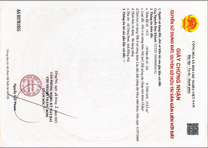 đất thổ cư 100m2 - gần trung tâm trảng bom - giá chỉ 950 triệu