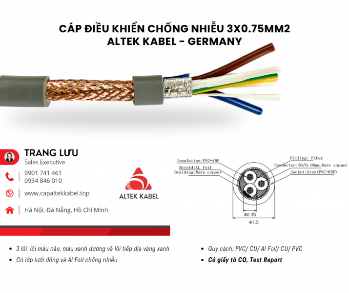 Cáp điều khiển chống nhiễu 3x0.75 Đà Nẵng, Quảng Ngãi, Bình Định, Nha Trang