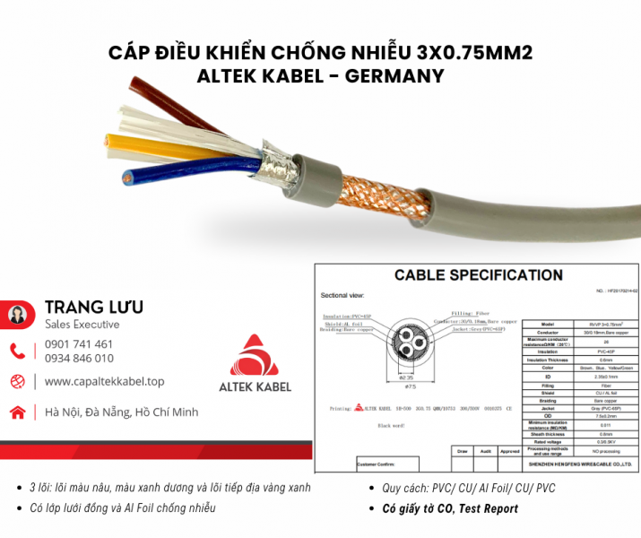 Cáp điều khiển chống nhiễu 3x0.75 Đà Nẵng, Quảng Ngãi, Bình Định, Nha Trang