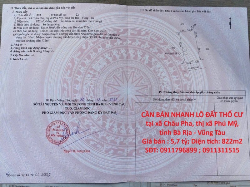 CẦN BÁN NHANH LÔ ĐẤT THỔ CƯ tại xã Châu Pha, thị xã Phú Mỹ, tỉnh Bà Rịa - Vũng Tàu