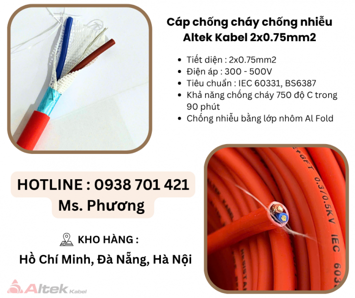 Cáp chống cháy chống nhiễu Altek Kabel 2x0.75mm tại Đà Nẵng, Hà Nội, Hồ Chí Minh