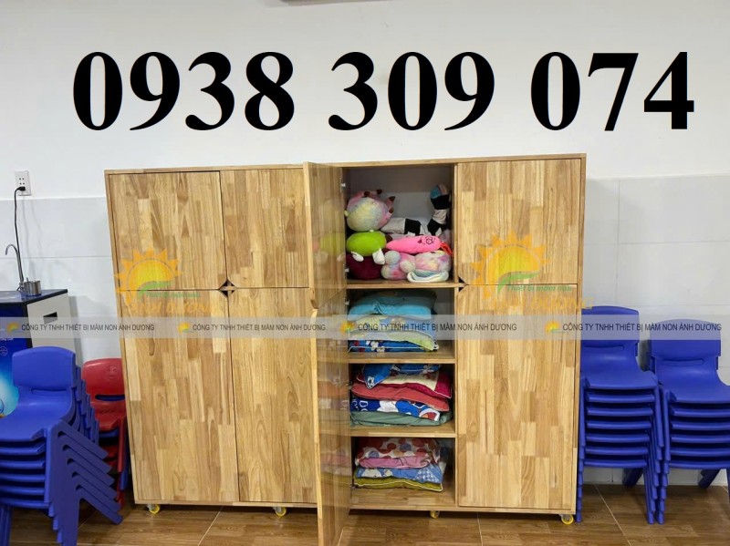 Tủ đựng chăn mền gối mầm non, tủ gỗ đựng mền gối mầm non