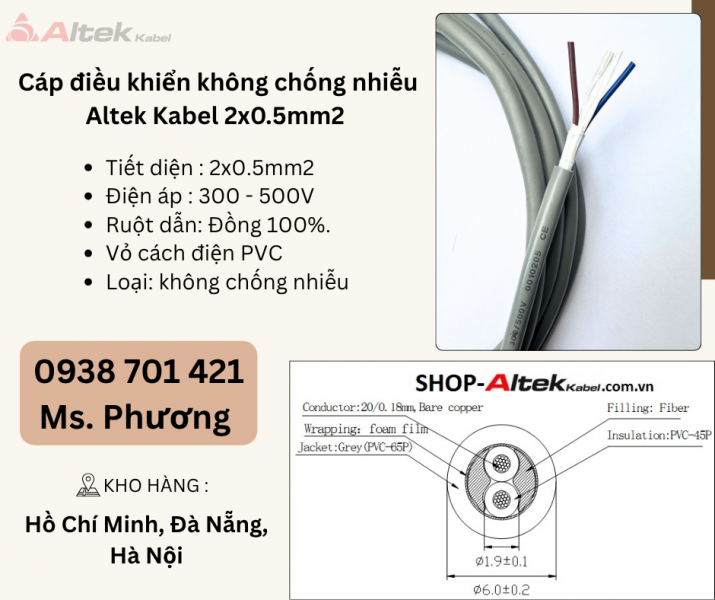Cáp điều khiển không chống nhiễu Altek Kabel 2x0.5mm Đà Nẵng, Hà Nội, Hồ Chí Minh